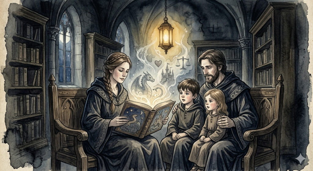 Imagen de una familia. Los padres leen cuentos a sus hijos.