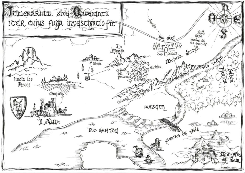 Mapa del mundo de Querencio para la novela Itinerarium, ilustrado por Francisco Javier Carrión