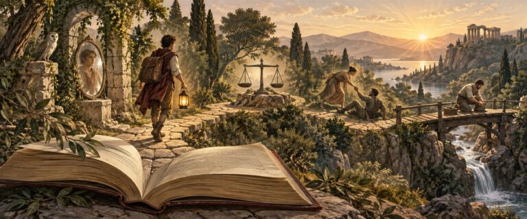 Alegoría de un caminante que descubre la honestidad, la justicia, la empatía y la responsabilidad a través de un libro abierto.