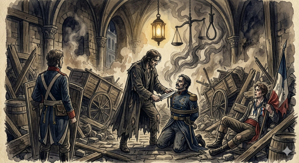 Escena inspirada en Los miserables y su conflicto entre ley, justicia y misericordia