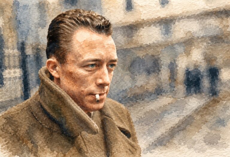 Una acuarela de Camus fumando